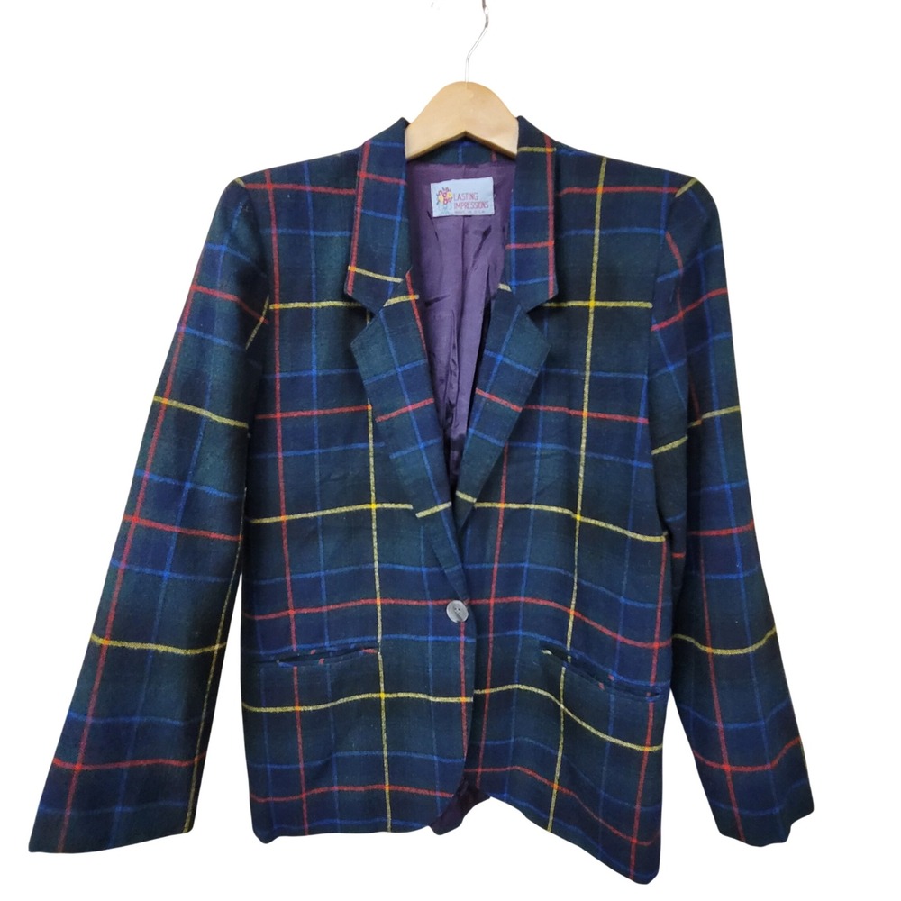 Vintage Plaid Navy Blazer Dark Academia Preppy 80s 90s Style Made in USA Lined